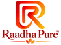 Raadha Pure brand logo featuring a stylized red and orange gradient letter 'R' above the brand name 'Raadha Pure' in dark red text, with a small orange leaf motif below on a white background.